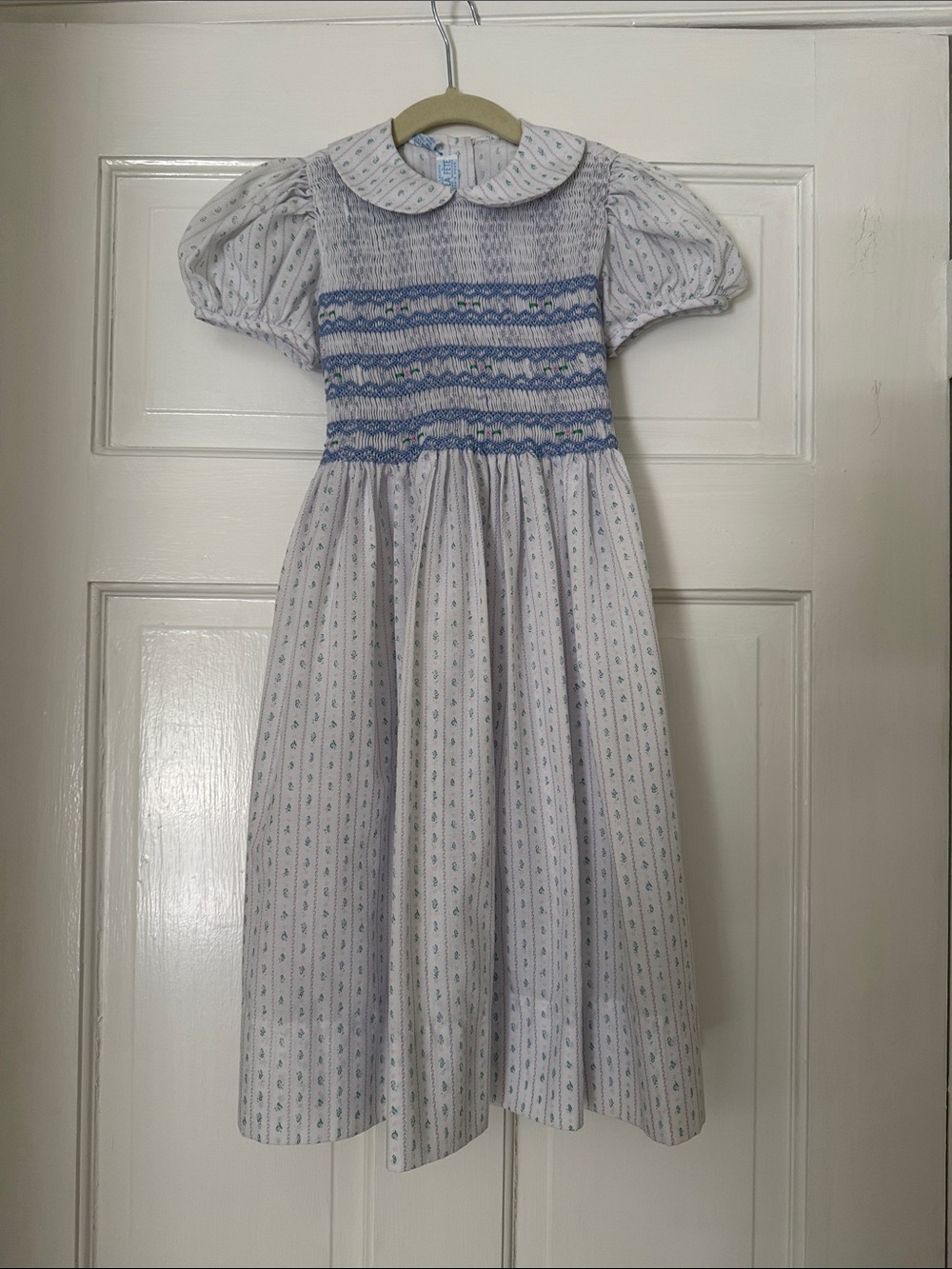 Classic White and Blue Smocked Kids' Dress